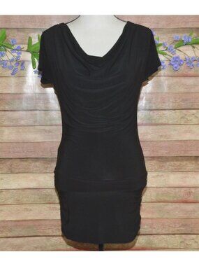 WHBM Stretch Bodycon Little Black Dress XS Cowl Neck Short Sleeves Ruched Sexy